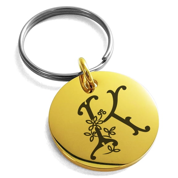 Stainless Steel Letter K Initial Floral Monogram Engraved Small Medallion Circle Charm Keychain Keyring