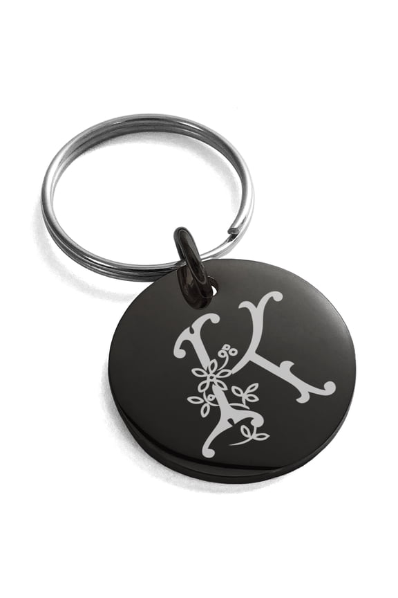 Stainless Steel Letter K Initial Floral Monogram Engraved Small Medallion Circle Charm Keychain Keyring