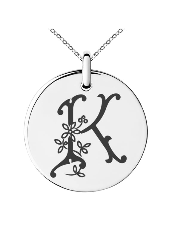 Stainless Steel Letter K Initial Floral Monogram Engraved Small Medallion Circle Charm Pendant Necklace