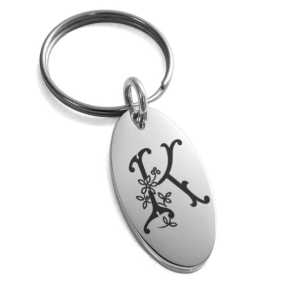 Tioneer Stainless Steel Letter K Initial Floral Monogram Engraved Small Oval Charm Keychain Keyring