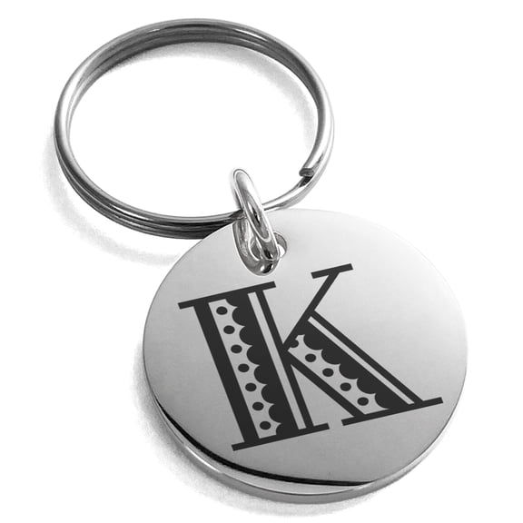 Stainless Steel Letter K Initial Metro Retro Monogram Engraved Small Medallion Circle Charm Keychain Keyring