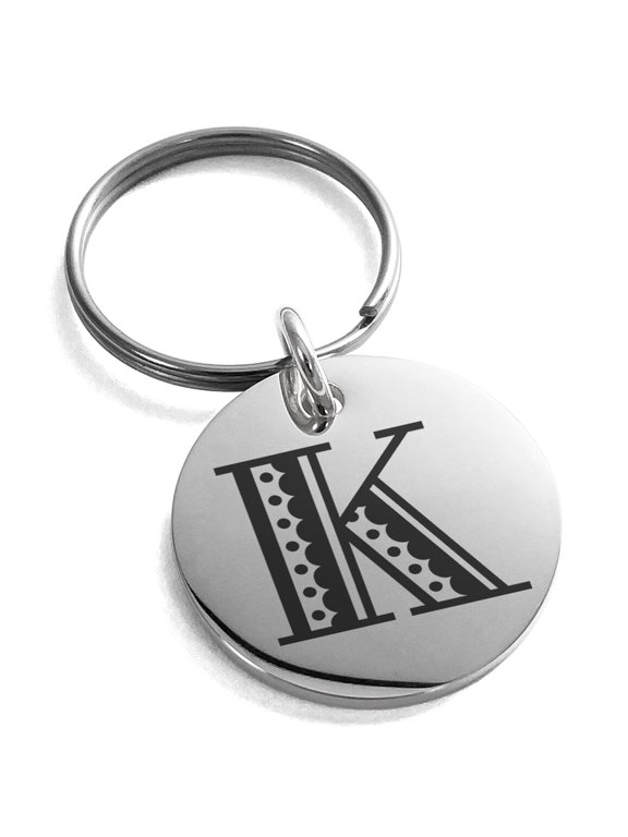 Stainless Steel Letter K Initial Metro Retro Monogram Engraved Small Medallion Circle Charm Keychain Keyring