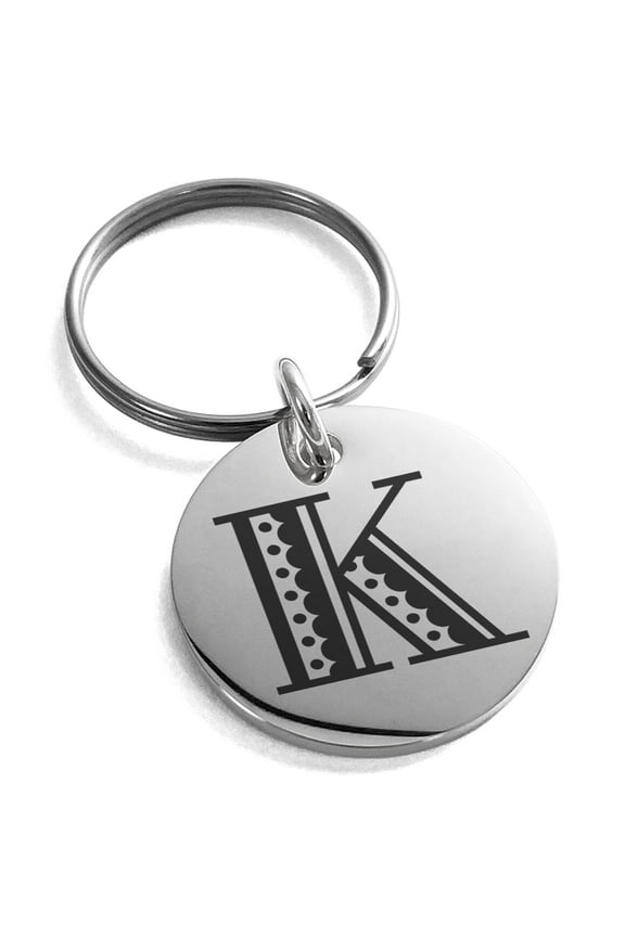 Stainless Steel Letter K Initial Metro Retro Monogram Engraved Small Medallion Circle Charm Keychain Keyring