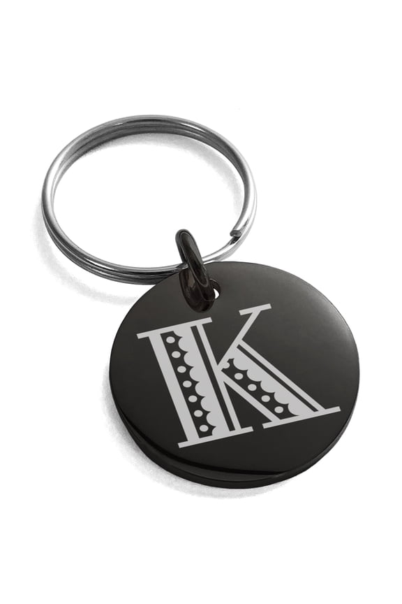 Stainless Steel Letter K Initial Metro Retro Monogram Engraved Small Medallion Circle Charm Keychain Keyring