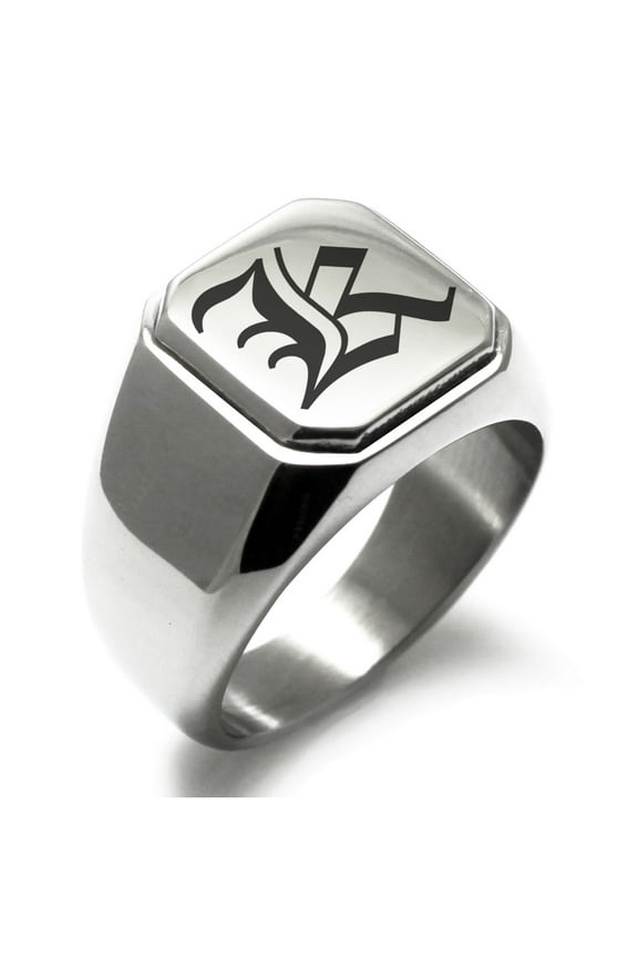 Stainless Steel Letter K Initial Old English Monogram Engraved Engraved Square Flat Top Biker Style Polished Signet Ring