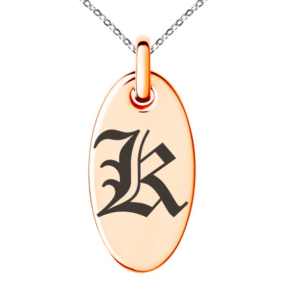 Stainless Steel Letter K Initial Old English Monogram Engraved Small Oval Charm Pendant Necklace