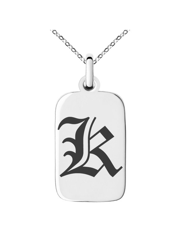 Stainless Steel Letter K Initial Old English Monogram Engraved Small Rectangle Dog Tag Charm Pendant Necklace