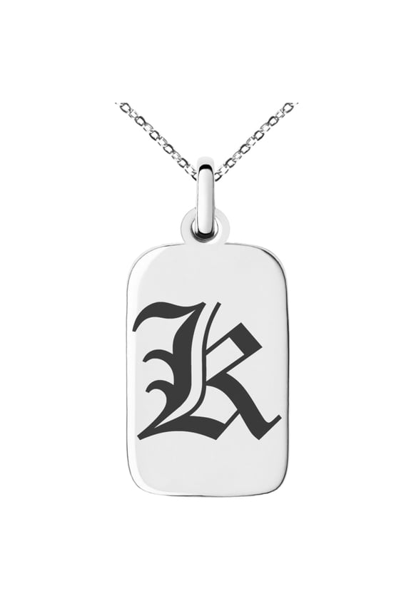 Stainless Steel Letter K Initial Old English Monogram Engraved Small Rectangle Dog Tag Charm Pendant Necklace
