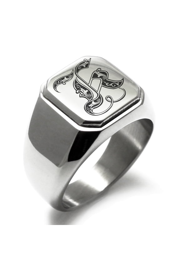 Stainless Steel Letter K Initial Royal Monogram Engraved Engraved Square Flat Top Biker Style Polished Signet Ring