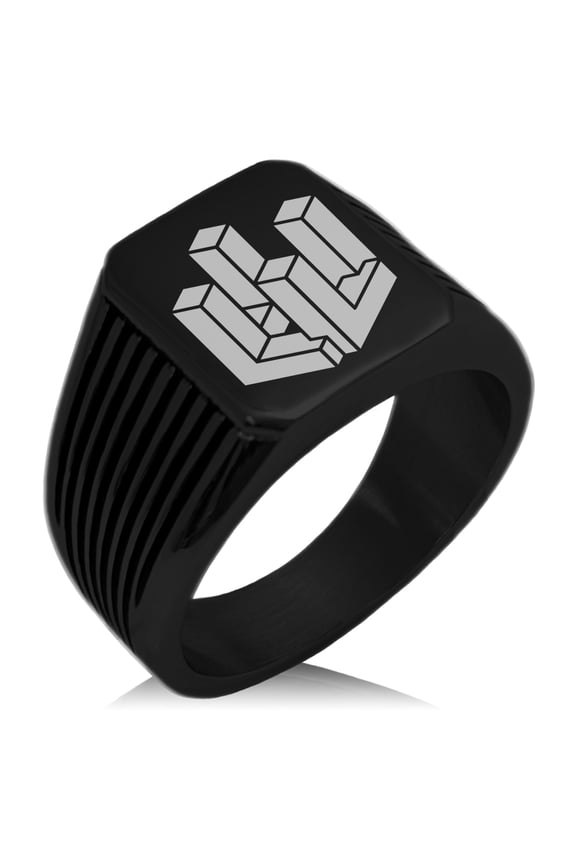 Stainless Steel Letter L Alphabet Initial 3D Cube Box Monogram Needle Stripe Pattern Biker Style Polished Ring