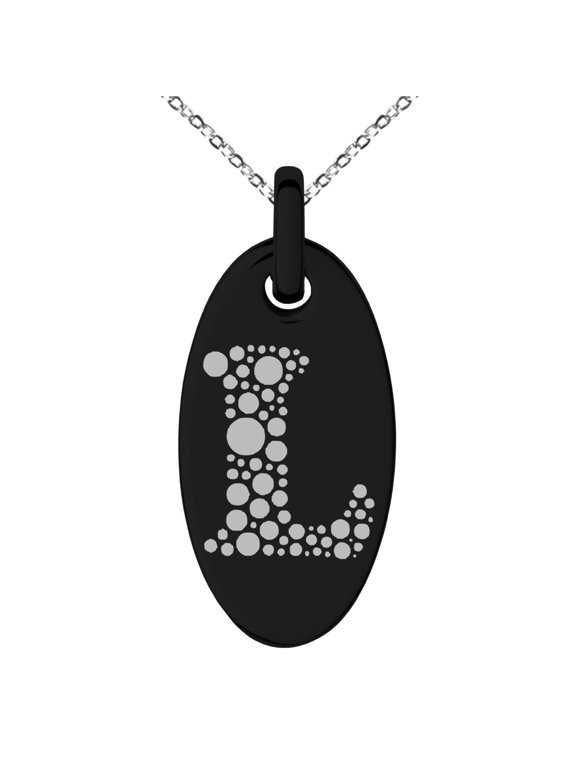 Stainless Steel Letter L Initial Dotted Monogram Engraved Small Oval Charm Pendant Necklace