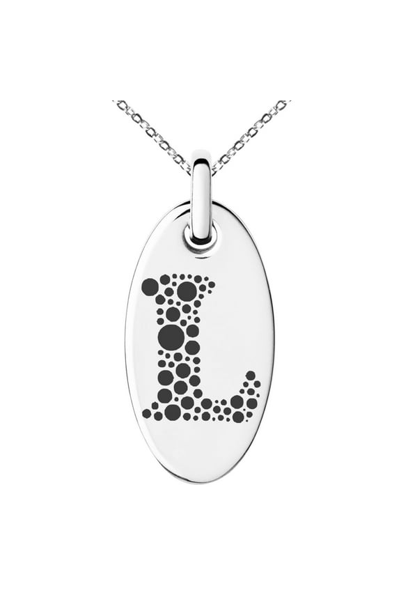 Stainless Steel Letter L Initial Dotted Monogram Engraved Small Oval Charm Pendant Necklace
