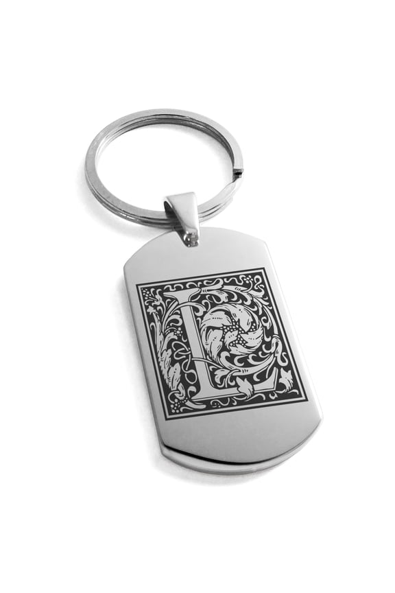 Stainless Steel Letter L Initial Floral Box Monogram Engraved Engraved Dog Tag Keychain Keyring