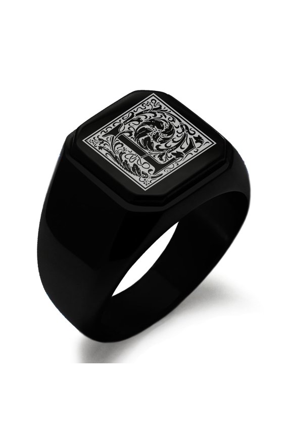 Stainless Steel Letter L Initial Floral Box Monogram Engraved Square Flat Top Biker Style Polished Signet Ring