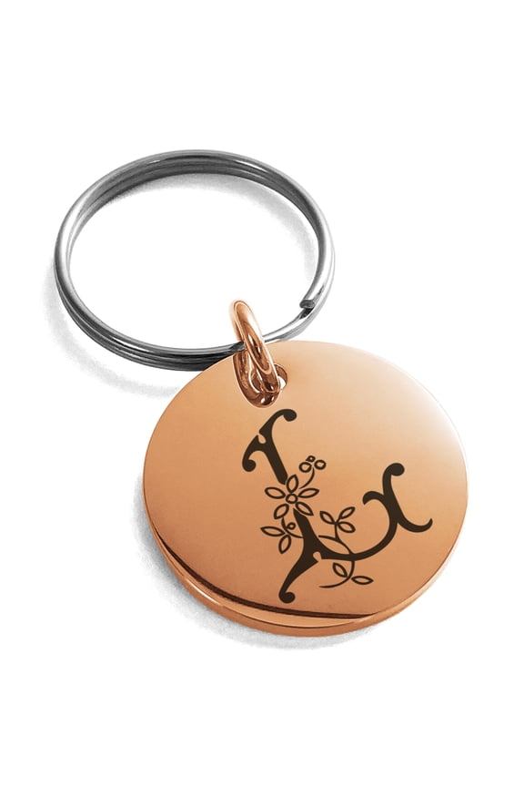 Stainless Steel Letter L Initial Floral Monogram Engraved Small Medallion Circle Charm Keychain Keyring