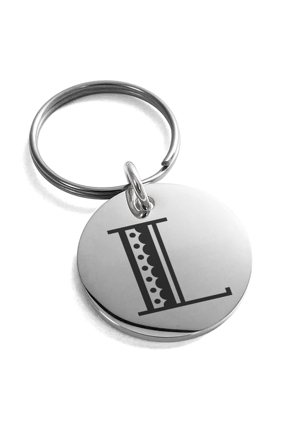Stainless Steel Letter L Initial Metro Retro Monogram Engraved Small Medallion Circle Charm Keychain Keyring