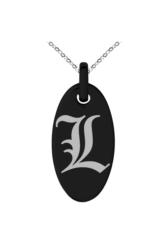 Stainless Steel Letter L Initial Old English Monogram Engraved Small Oval Charm Pendant Necklace