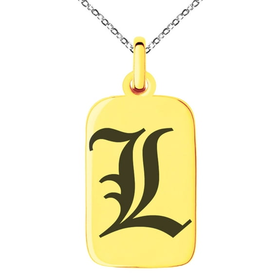 Tioneer Stainless Steel Letter L Initial Old English Monogram Engraved Small Rectangle Dog Tag Charm Pendant Necklace