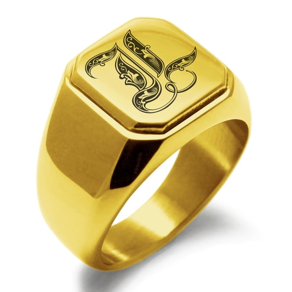Stainless Steel Letter L Initial Royal Monogram Engraved Engraved Square Flat Top Biker Style Polished Signet Ring