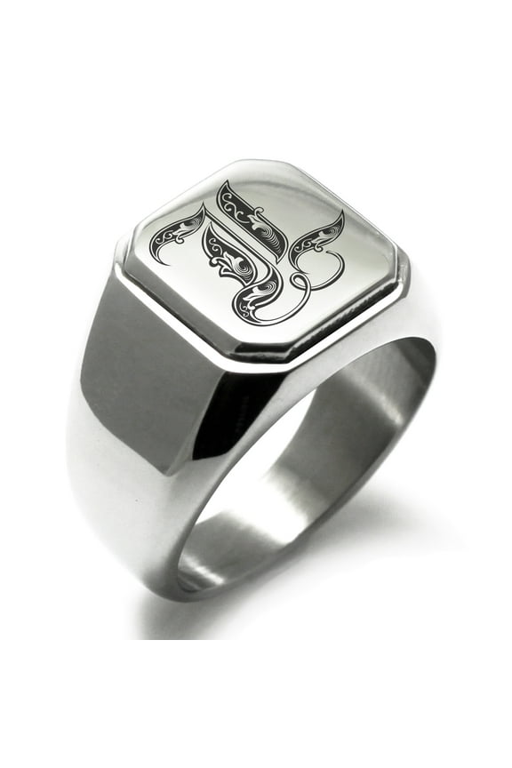 Stainless Steel Letter L Initial Royal Monogram Engraved Engraved Square Flat Top Biker Style Polished Signet Ring