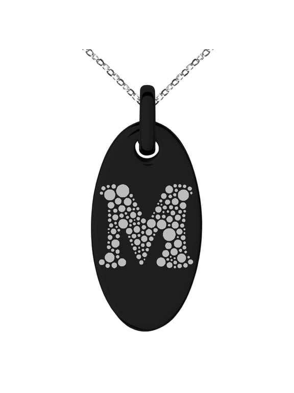Stainless Steel Letter M Initial Dotted Monogram Engraved Small Oval Charm Pendant Necklace