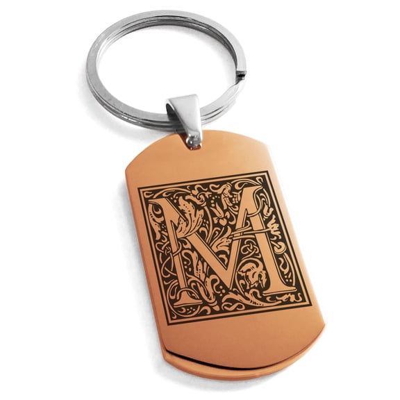 Tioneer Stainless Steel Letter M Initial Floral Box Monogram Engraved Dog Tag Keychain Keyring