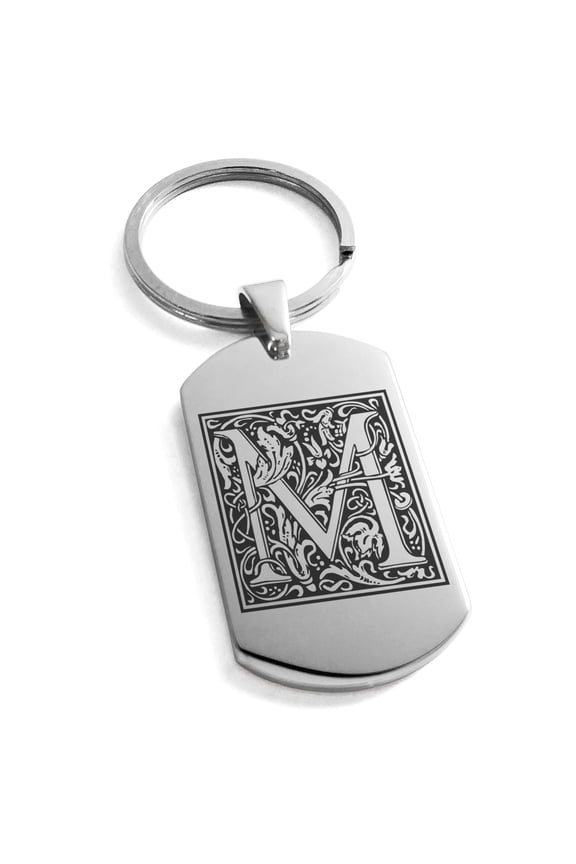 Stainless Steel Letter M Initial Floral Box Monogram Engraved Engraved Dog Tag Keychain Keyring