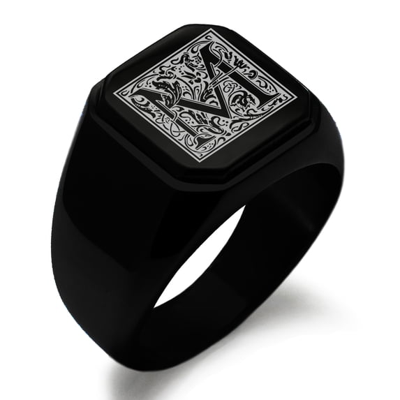Stainless Steel Letter M Initial Floral Box Monogram Engraved Engraved Square Flat Top Biker Style Polished Signet Ring