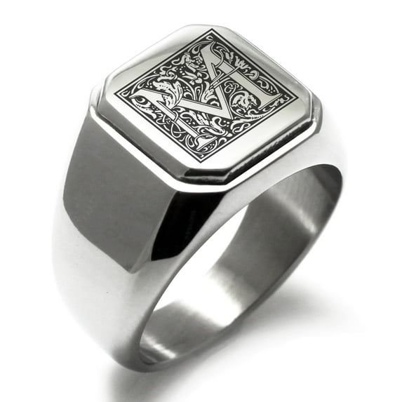 Tioneer Stainless Steel Letter M Initial Floral Box Monogram Engraved Square Flat Top Biker Style Polished Signet Ring