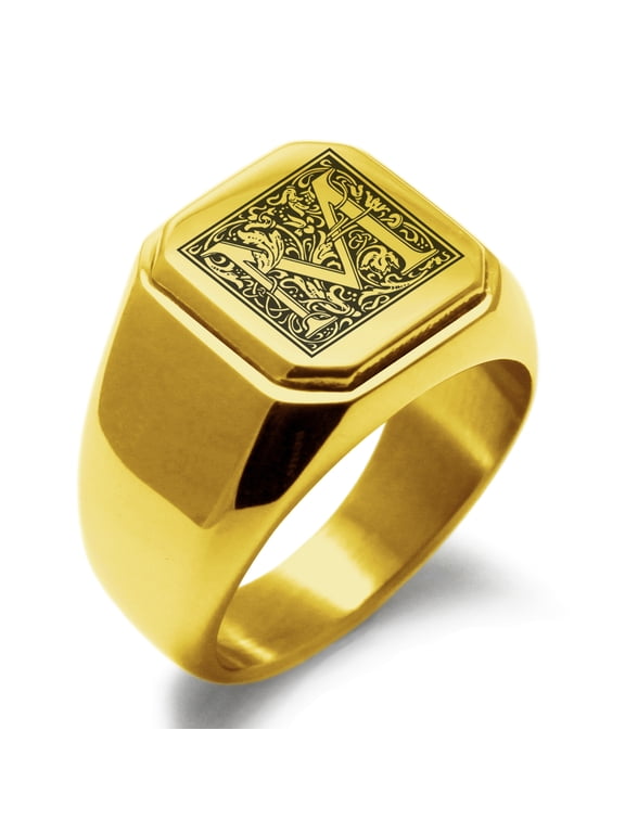Stainless Steel Letter M Initial Floral Box Monogram Engraved Engraved Square Flat Top Biker Style Polished Signet Ring