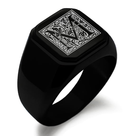 Tioneer Stainless Steel Letter M Initial Floral Box Monogram Engraved Square Flat Top Biker Style Polished Signet Ring