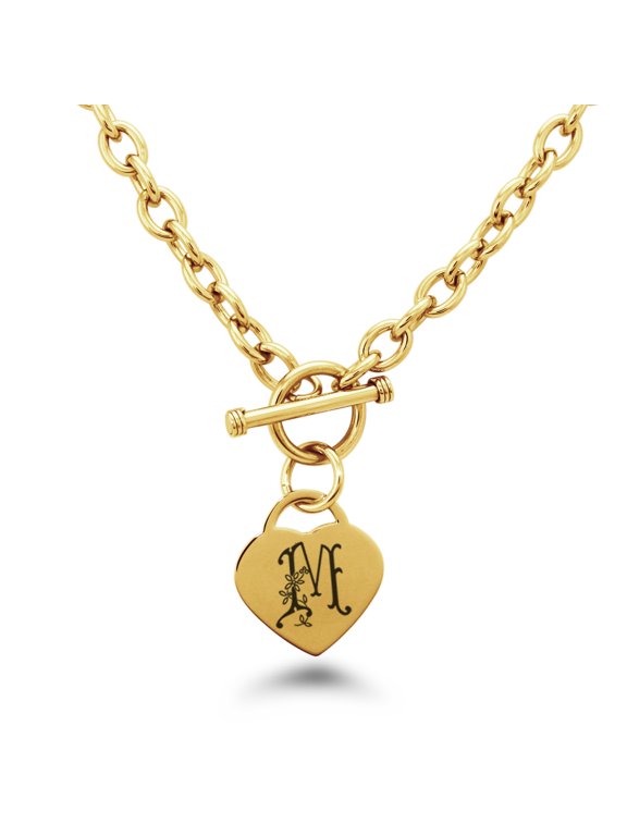Stainless Steel Letter M Initial Floral Box Monogram Engraved Heart Charm Bracelet, Necklace, or Set
