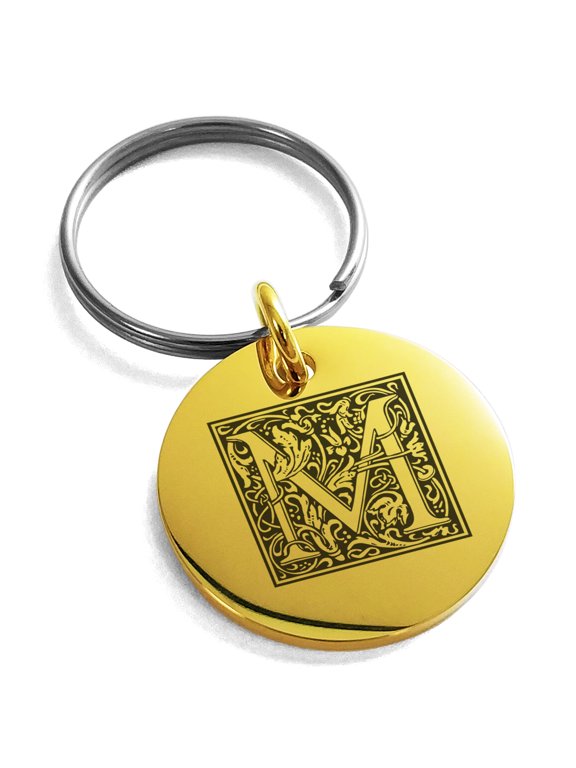 Stainless Steel Letter M Initial Floral Box Monogram Engraved Small Medallion Circle Charm Keychain Keyring