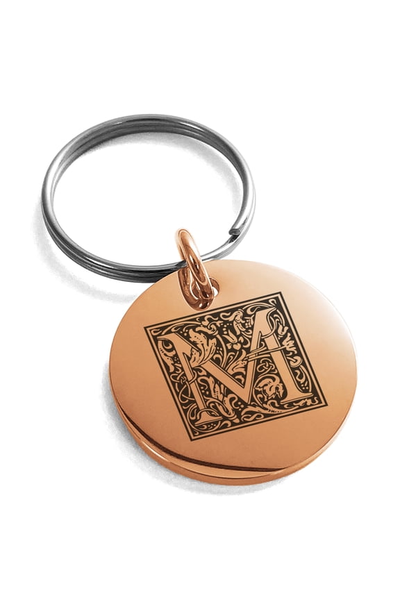 Stainless Steel Letter M Initial Floral Box Monogram Engraved Small Medallion Circle Charm Keychain Keyring