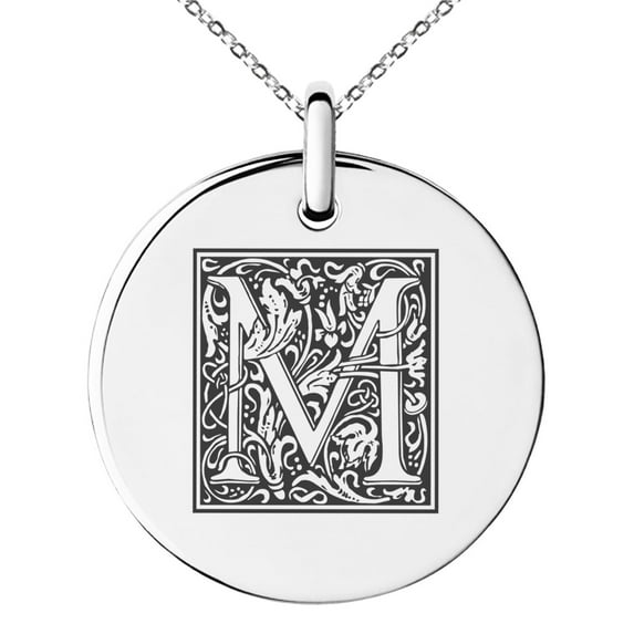 Stainless Steel Letter M Initial Floral Box Monogram Engraved Small Medallion Circle Charm Pendant Necklace