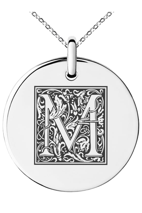 Stainless Steel Letter M Initial Floral Box Monogram Engraved Small Medallion Circle Charm Pendant Necklace