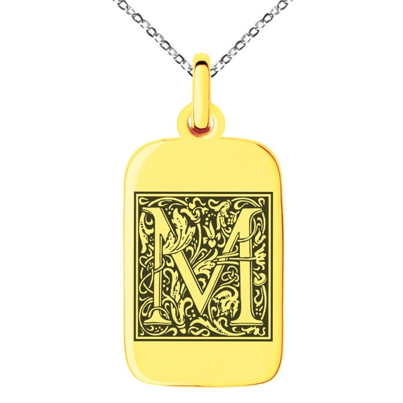 Stainless Steel Letter M Initial Floral Box Monogram Engraved Small Rectangle Dog Tag Charm Pendant Necklace