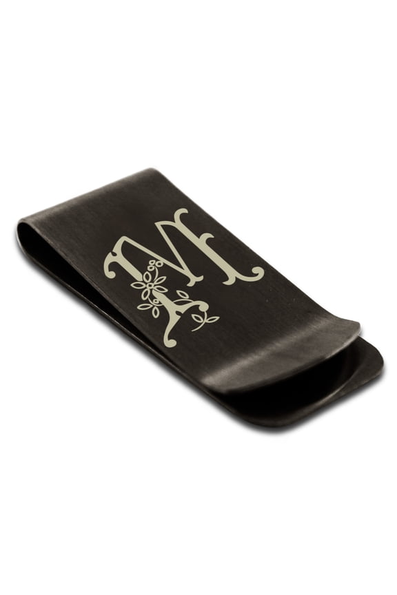 Stainless Steel Letter M Initial Floral Monogram Engraved Engraved Money Clip Credit Card Holder