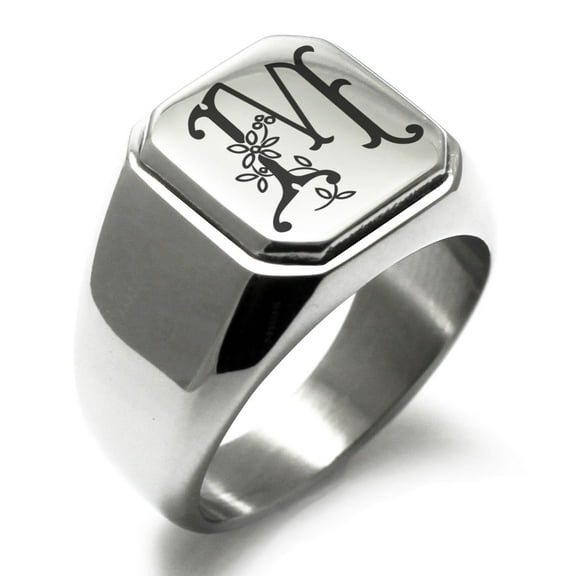 Stainless Steel Letter M Initial Floral Monogram Engraved Engraved Square Flat Top Biker Style Polished Signet Ring