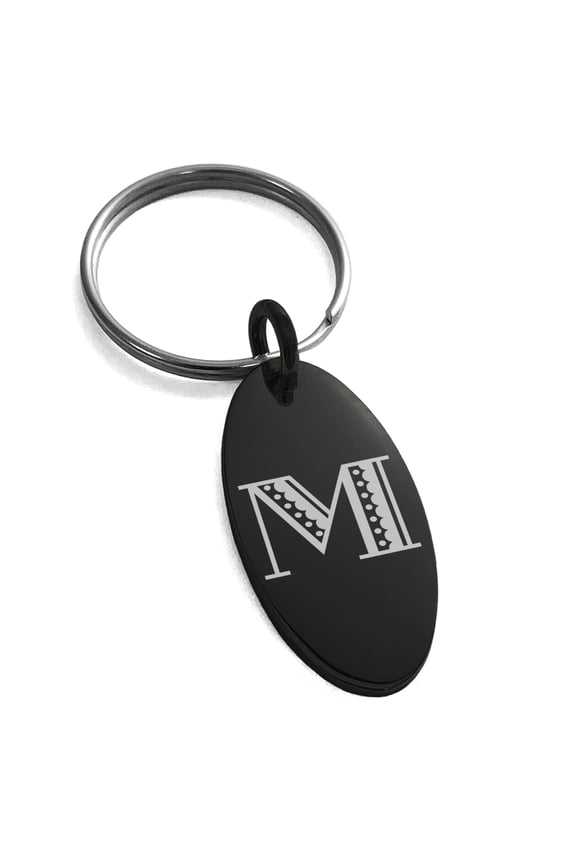 Stainless Steel Letter M Initial Metro Retro Monogram Engraved Small Oval Charm Keychain Keyring