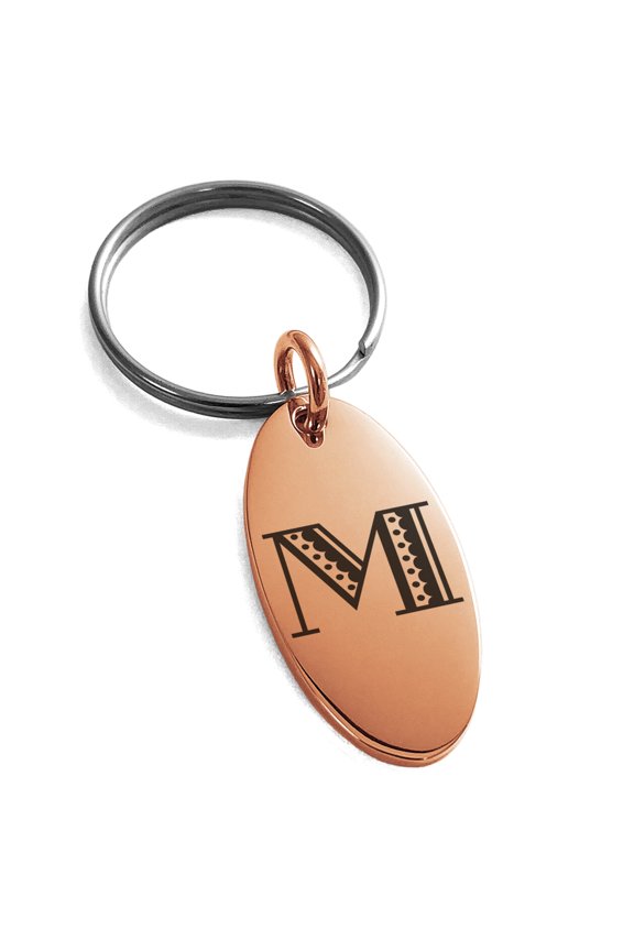 Stainless Steel Letter M Initial Metro Retro Monogram Engraved Small Oval Charm Keychain Keyring