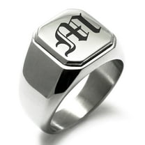 Tioneer Stainless Steel Letter M Initial Old English Monogram Engraved Engraved Square Flat Top Biker Style Polished Signet Ring