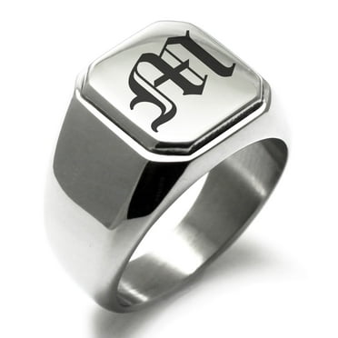 Tioneer Stainless Steel Letter M Initial Old English Monogram Engraved Engraved Square Flat Top Biker Style Polished Signet Ring