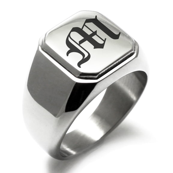 Stainless Steel Letter M Initial Old English Monogram Engraved Engraved Square Flat Top Biker Style Polished Signet Ring