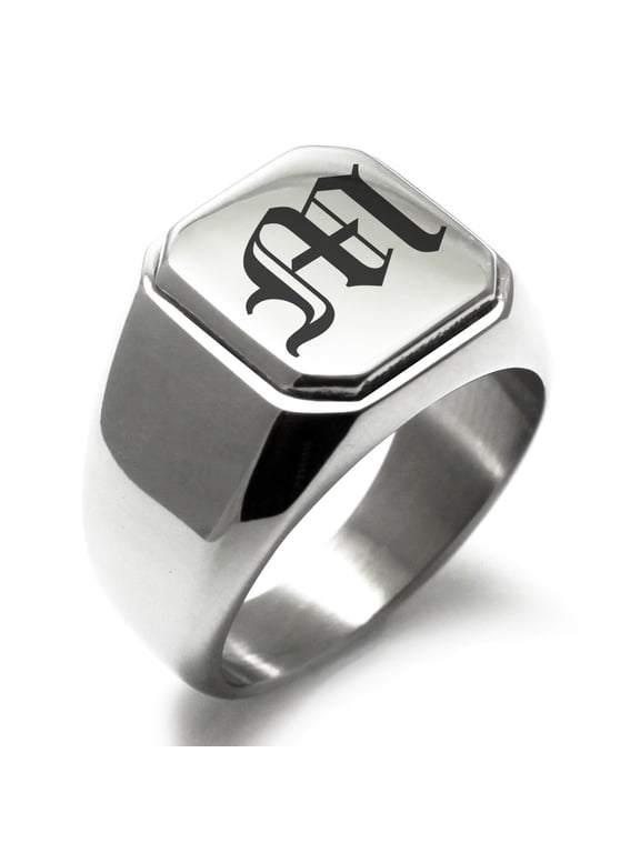 Stainless Steel Letter M Initial Old English Monogram Engraved Engraved Square Flat Top Biker Style Polished Signet Ring