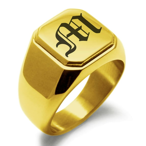 Stainless Steel Letter M Initial Old English Monogram Engraved Engraved Square Flat Top Biker Style Polished Signet Ring