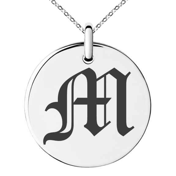 Stainless Steel Letter M Initial Old English Monogram Engraved Small Medallion Circle Charm Pendant Necklace