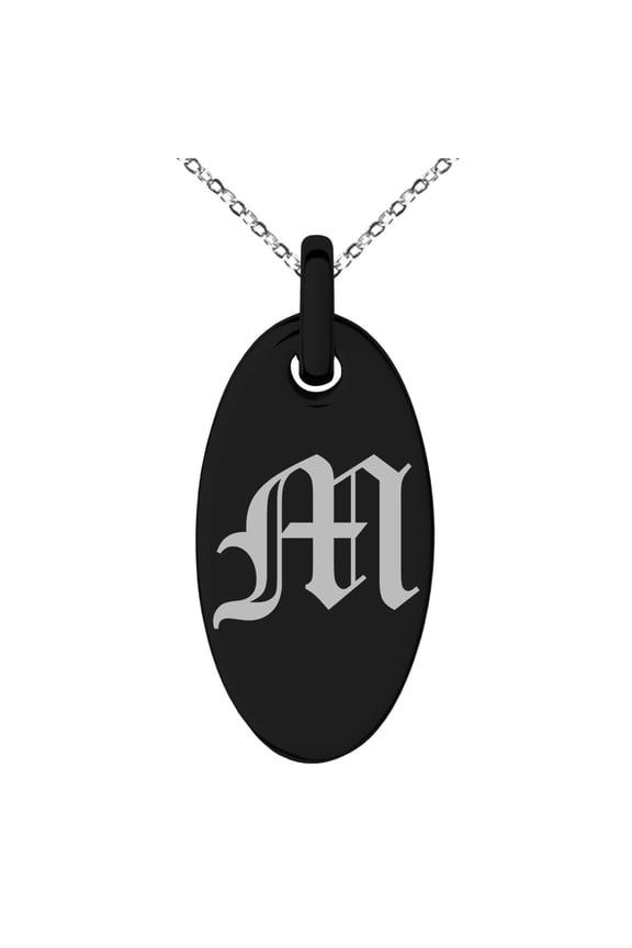 Stainless Steel Letter M Initial Old English Monogram Engraved Small Oval Charm Pendant Necklace