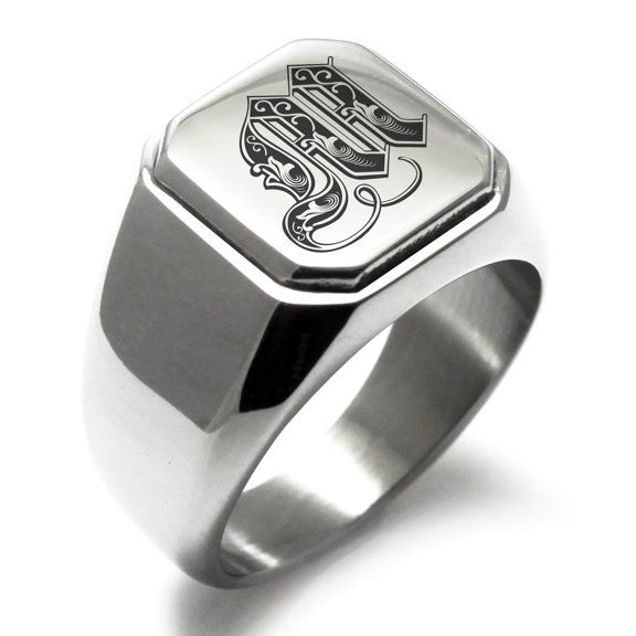 Tioneer Stainless Steel Letter M Initial Royal Monogram Engraved Engraved Square Flat Top Biker Style Polished Signet Ring