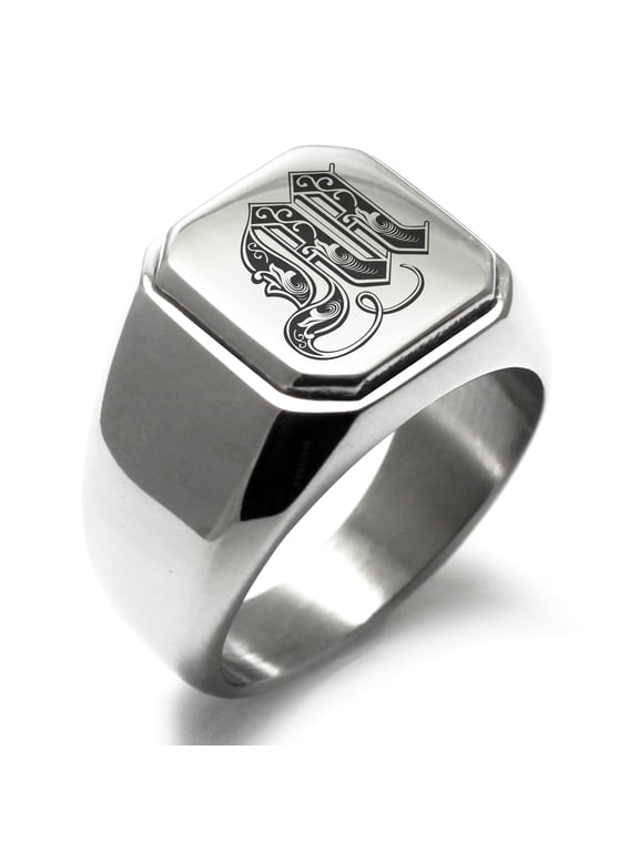 Stainless Steel Letter M Initial Royal Monogram Engraved Engraved Square Flat Top Biker Style Polished Signet Ring